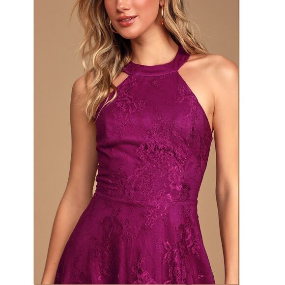 New ~ LULU'S ~ Truly Stunning Dark Magenta Lace Skater Dress Size Small - Picture 10 of 10